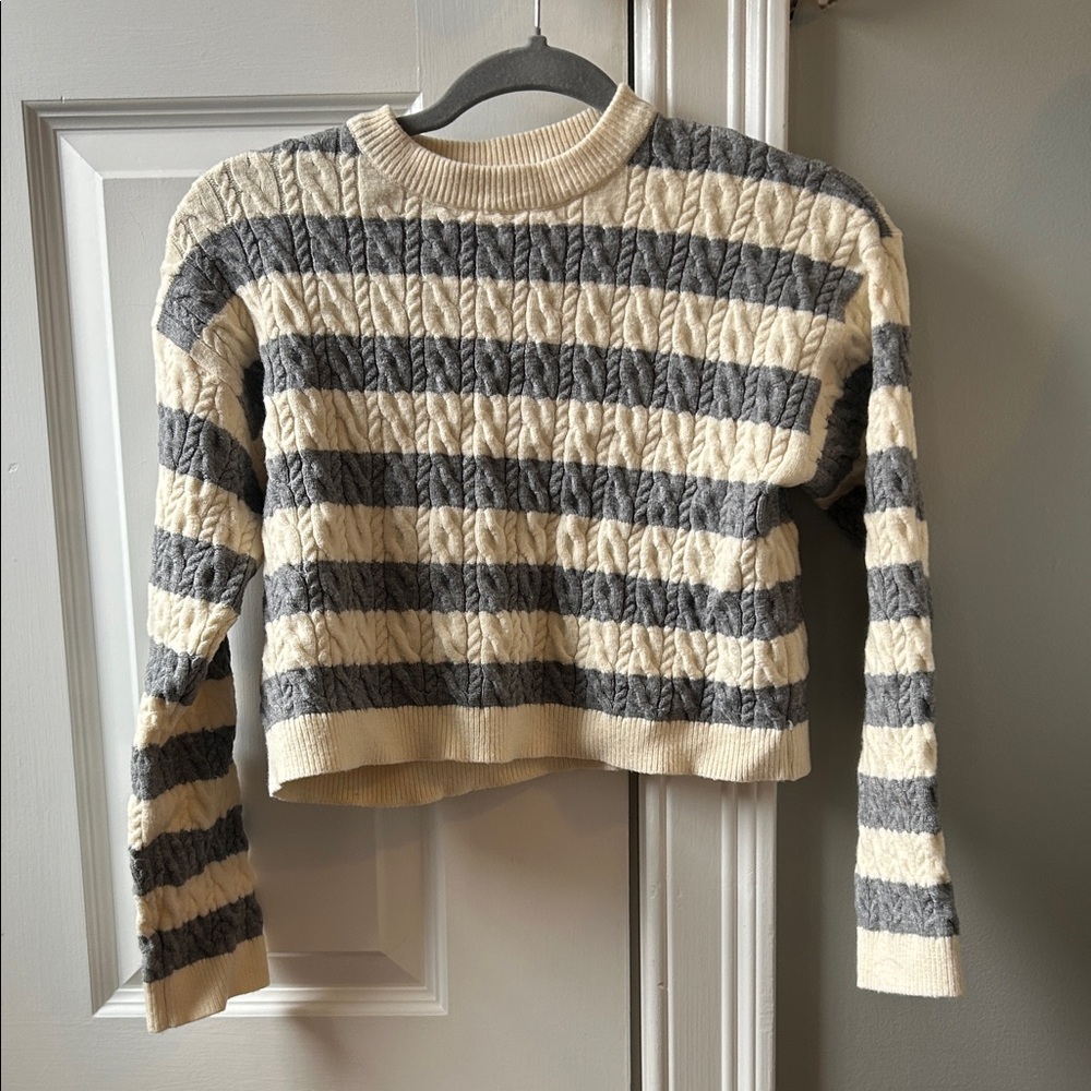 Zara Striped Cable-Knit Crewneck Sweater - Cream & Gray